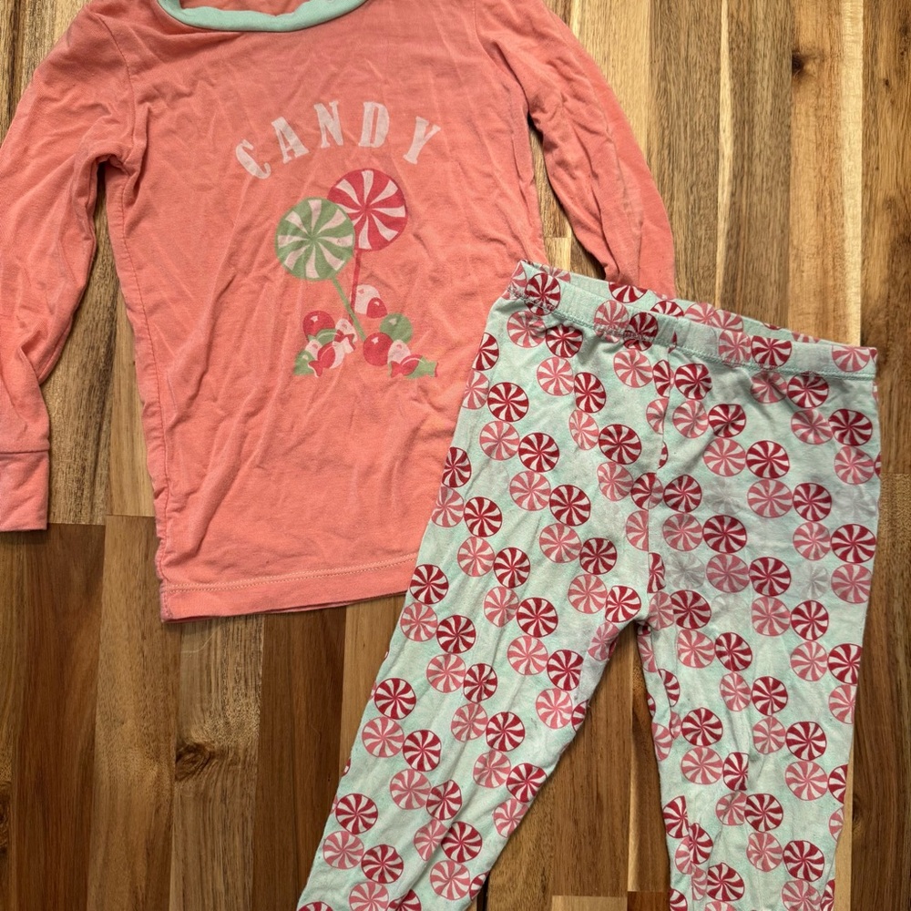 KicKee Kids Bamboo Pajama‎ Set 2T Coral Pink Mint Peppermint Candy Christmas PJ